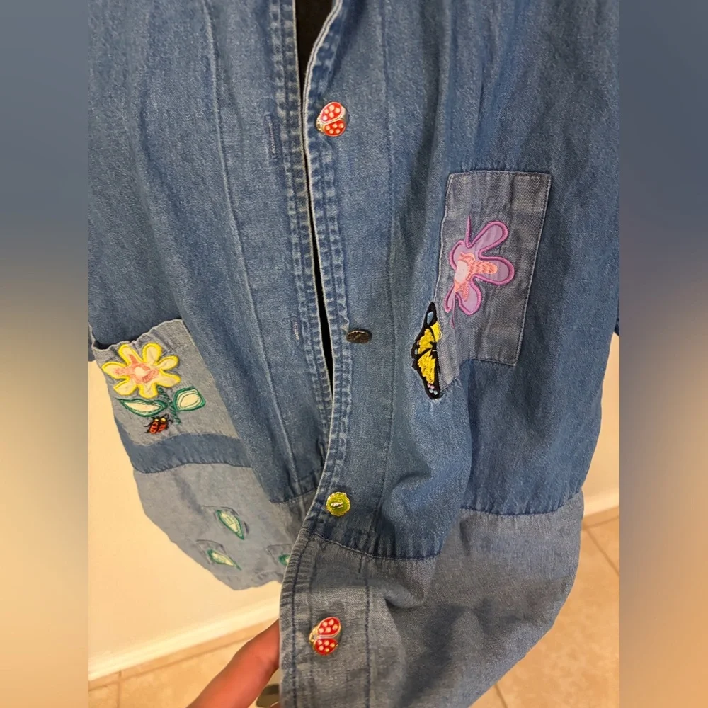 Vintage Women's Denim Patchwork Button Down Shirt Size 3X